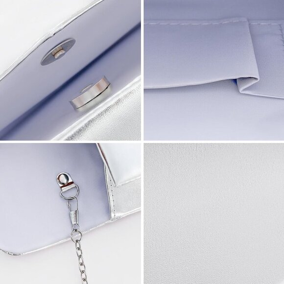 Evening Bag Clutch Purse for Women, Silver Formal Handbag with Crossbody Chain, - Picture 4 of 7